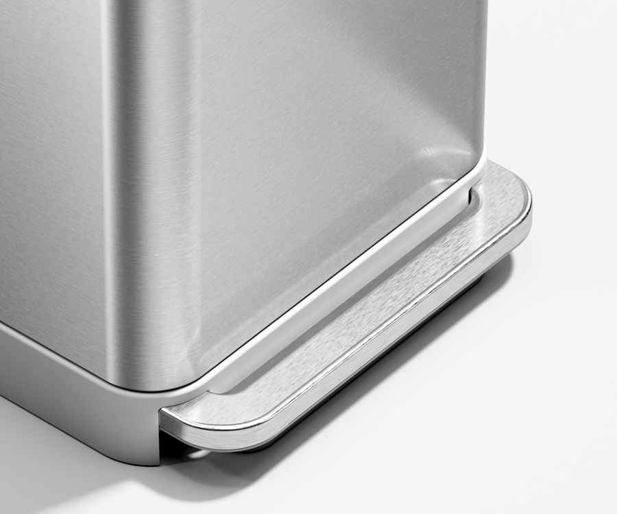 Simplehuman's 45L Step Can in Brushed has a pedal that has been tested countless times and has proven that the quality of the can is made out of a strong, durable steel. The image shows a close up of the can and pedal.