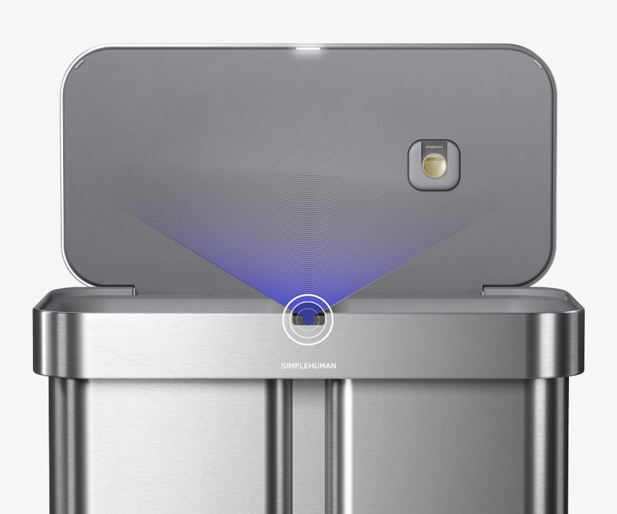 Simplehuman's 58L Sensor Recycler in Brushed showing off the sensor technology and how it has the feature option of Odorsorb Pods.