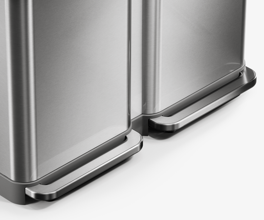This image features Simplehuman's 90L Step Can in Brushed. It is zoomed on the step portion of the can.