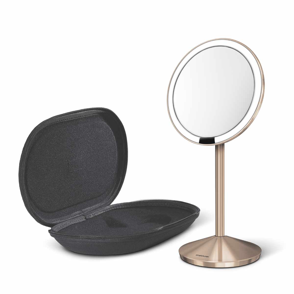sensor mirror fold - rose gold finish - mirror next to travel case image