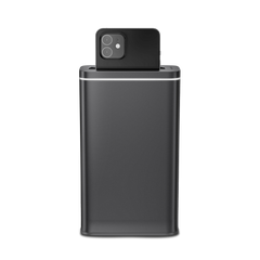 Simplehuman Cleanstation, Brushed Stainless Steel, UV-C sanitizer with phone inserted, showing light indicator.