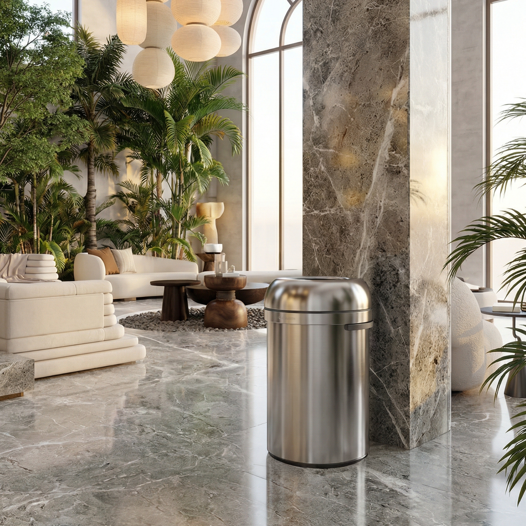 Simplehuman's 115L All-Steel Bullet Open Can in Brushed. This can is placed in a more tropical-styled lobby with unique furniture pieces surrounded by a greenery and marble pillars and flooring. 