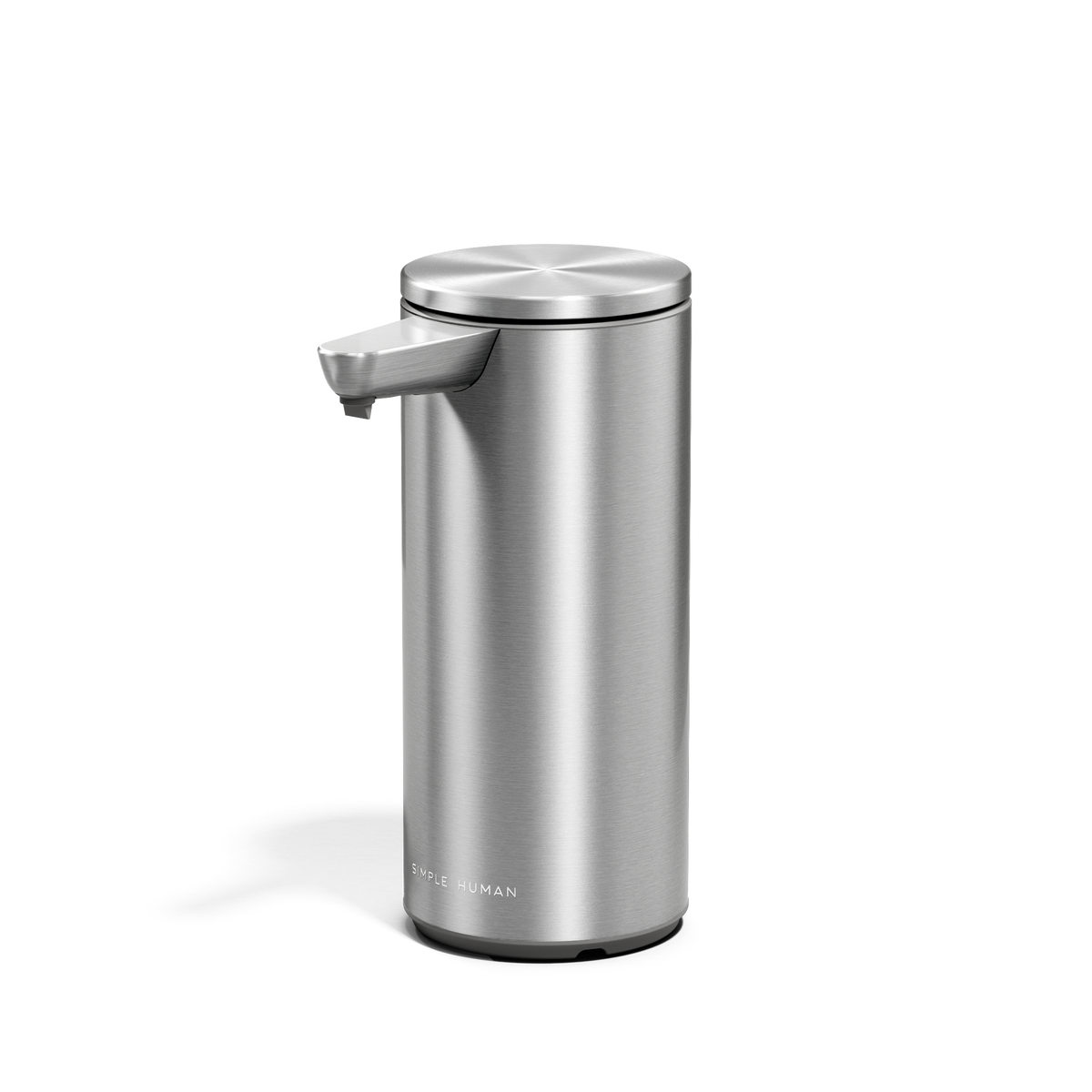 Angled view of Simplehuman 9 oz. Rechargeable Sensor Pump in Brushed Stainless Steel, hands-free soap dispenser.