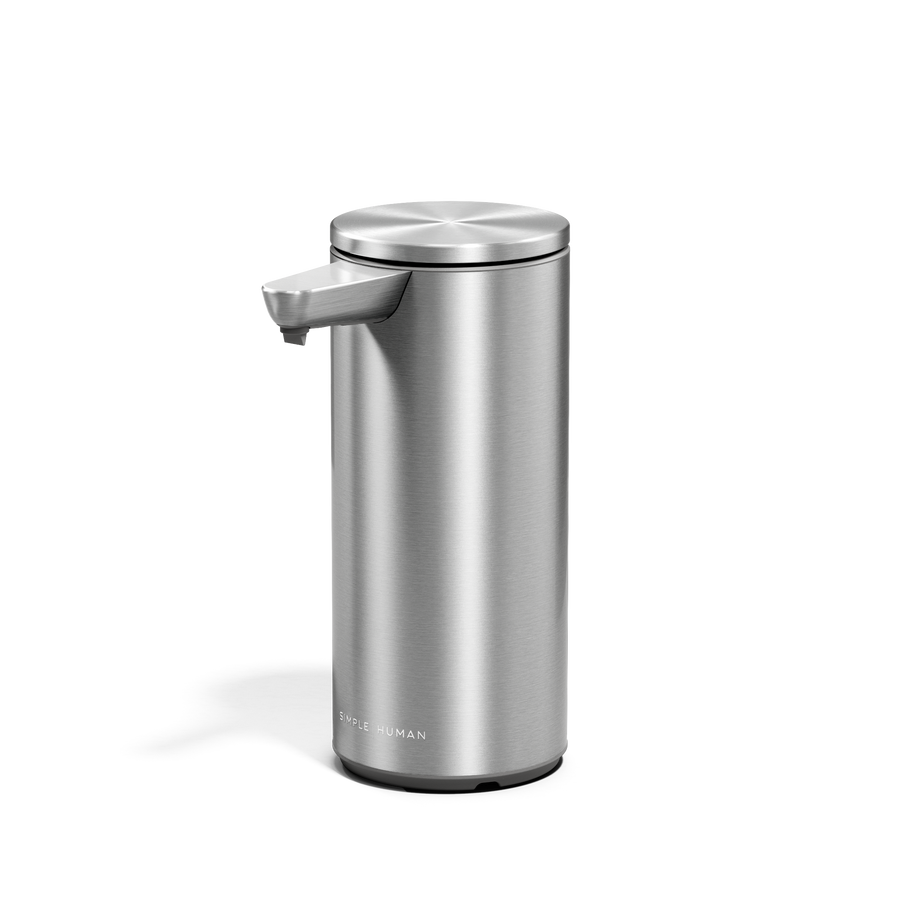 Angled view of Simplehuman 9 oz. Rechargeable Sensor Pump in Brushed Stainless Steel, hands-free soap dispenser.