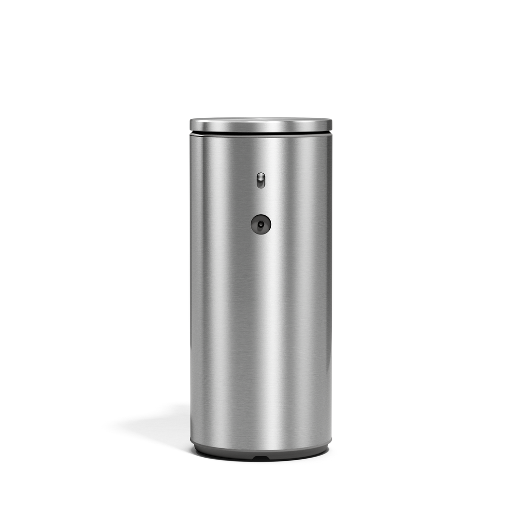 Front view of Simplehuman 9 oz. Rechargeable Liquid Sensor Pump in Brushed Stainless Steel, touch-free.