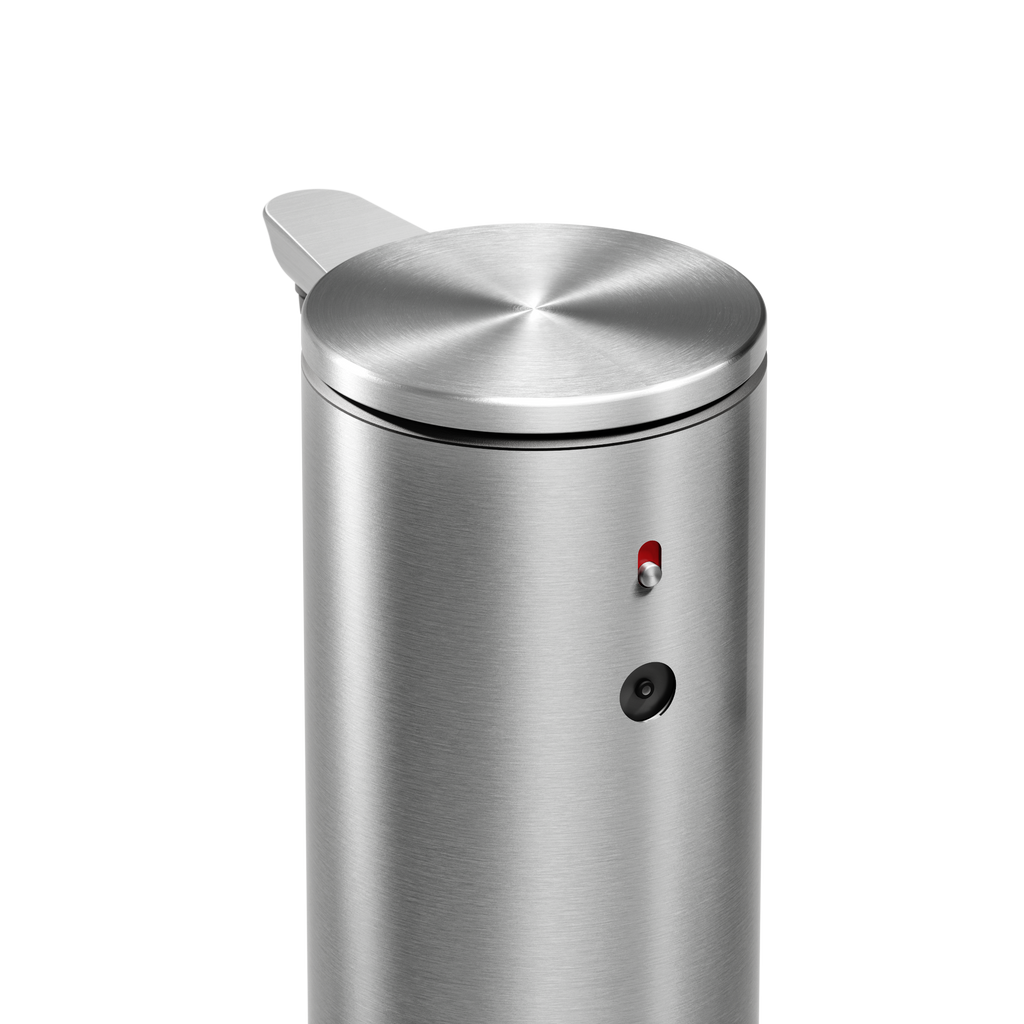Detail view of Simplehuman 9 oz. Rechargeable Sensor Pump in Brushed Stainless Steel, showing power button and sensor.