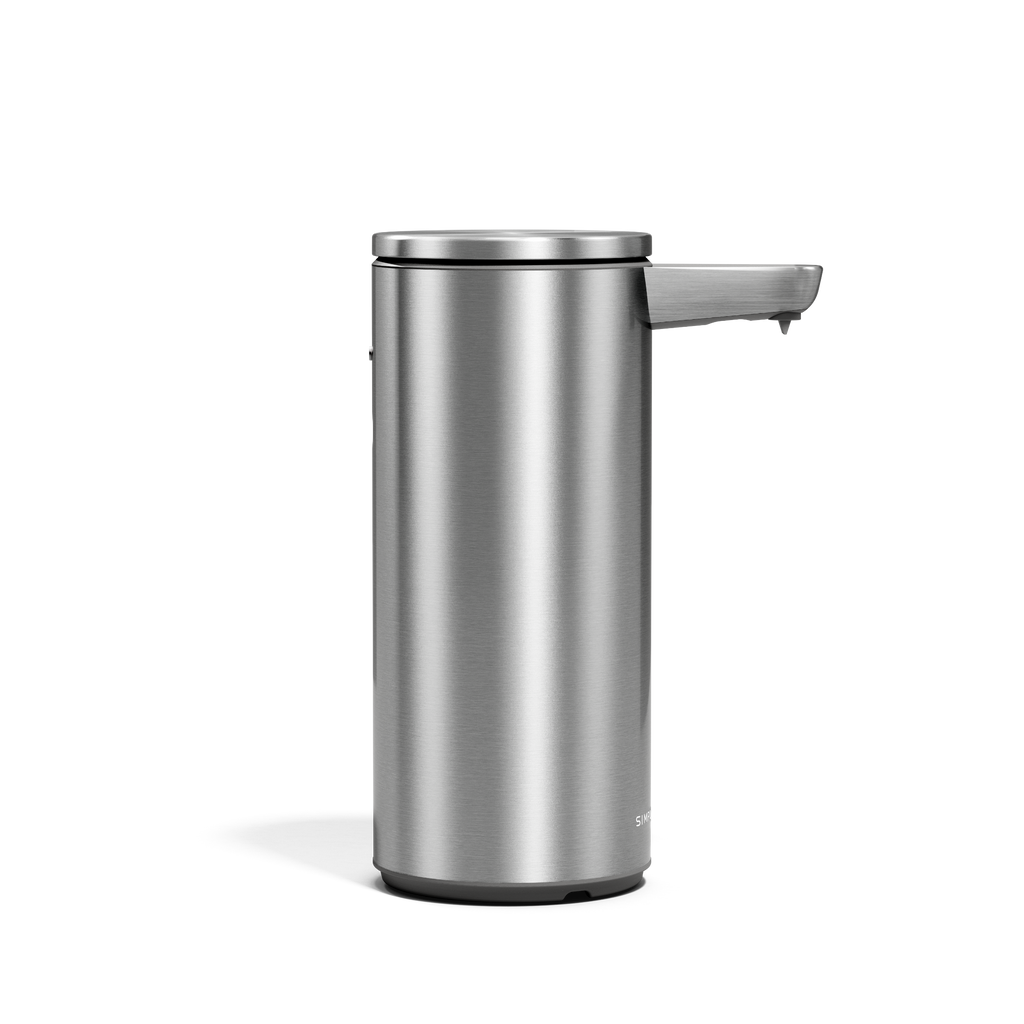 Side view of Simplehuman 9 oz. Rechargeable Sensor Pump in Brushed Stainless Steel, hands-free operation.