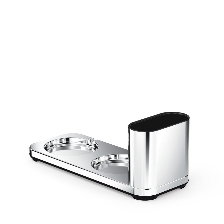 Simplehuman Polished Stainless Steel Dual Caddy base for sensor pumps, with two slots and utility storage.
