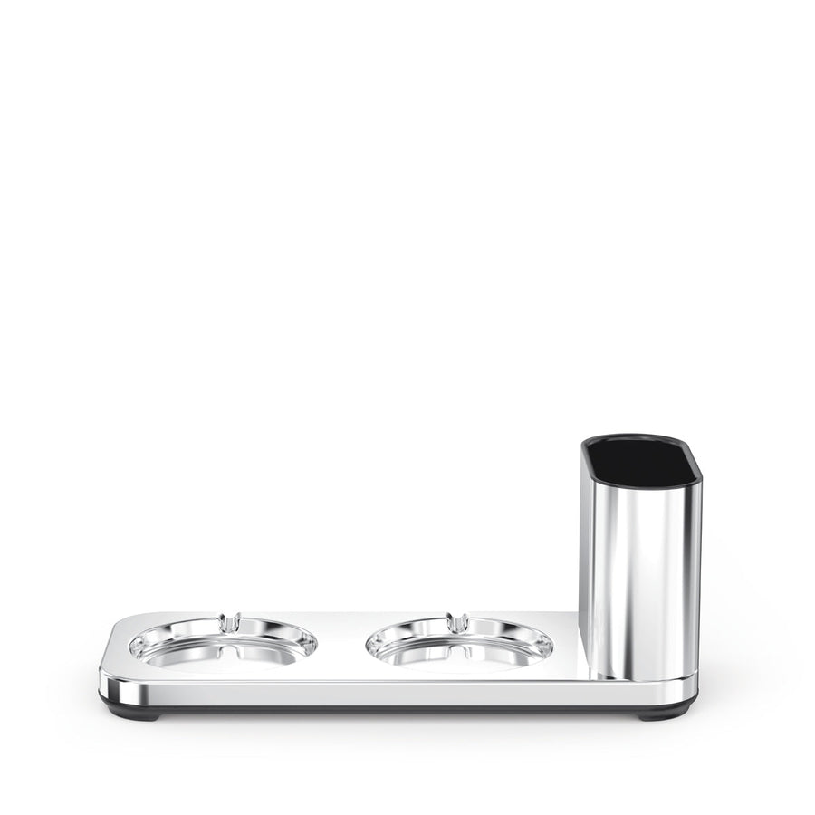 Front studio view of Simplehuman Polished Stainless Steel Dual Caddy base with two pump bays and integrated storage compartment.