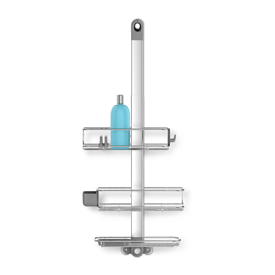 Simplehuman Large Adjustable Shower Caddy, corrosion-resistant stainless steel, with adjustable shelves and quick-dry drainage.