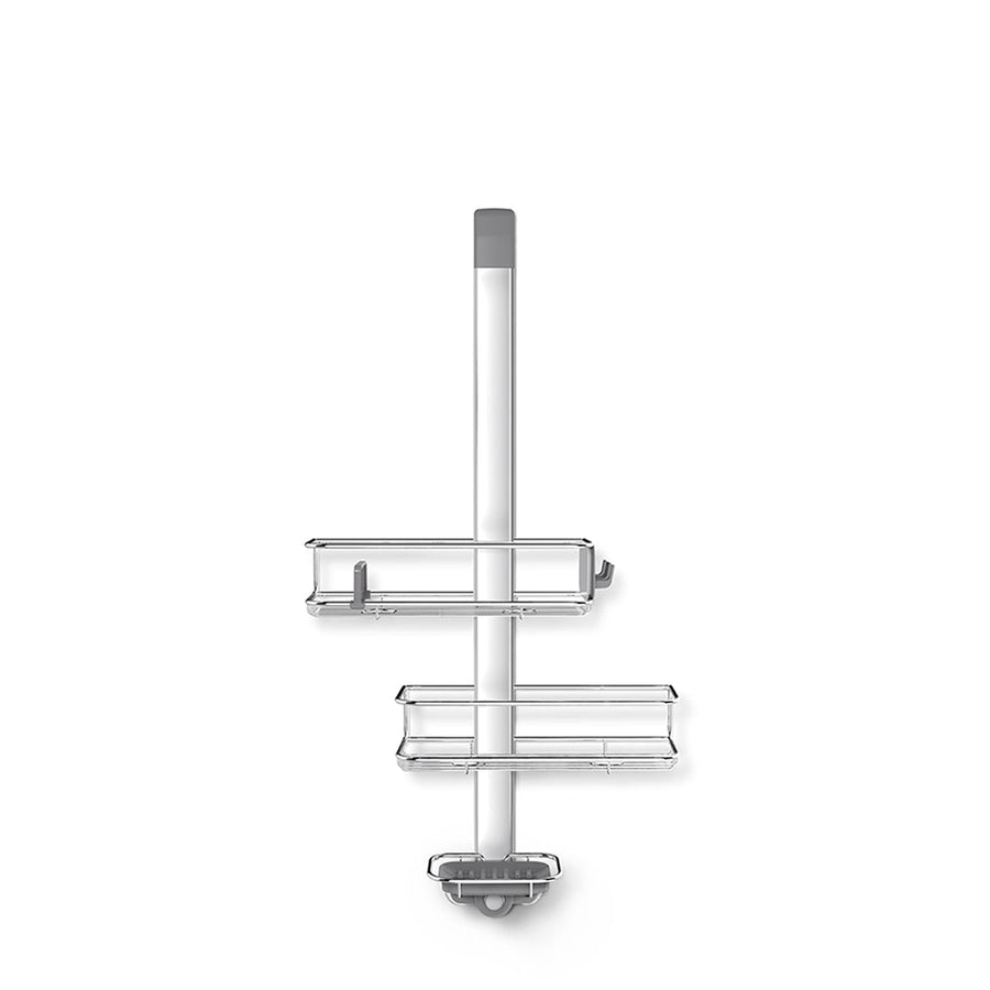 Front view of Simplehuman Polished Stainless Steel Over Door Adjustable Shower Caddy, rust-proof, adjustable storage.