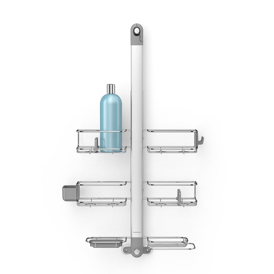 Simplehuman Extra-Large Adjustable Shower Caddy with Polished Stainless Steel baskets, showing adjustable shelves and integrated soap storage.