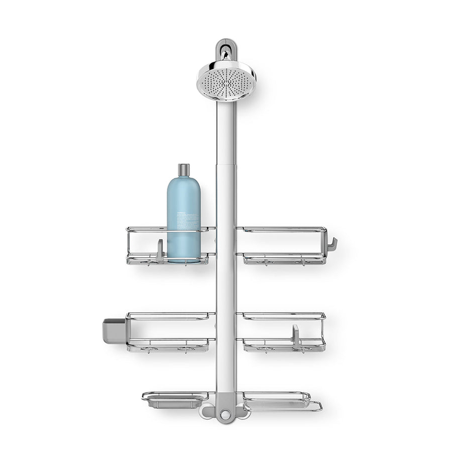 Front view Simplehuman Extra-Large Adjustable Shower Caddy, Polished Stainless Steel, 4 adjustable baskets and integrated soap dish.