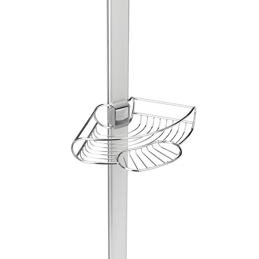 Close-up of Simplehuman Tension Shower Caddy adjustable shelf with integrated soap dish, polished stainless steel.