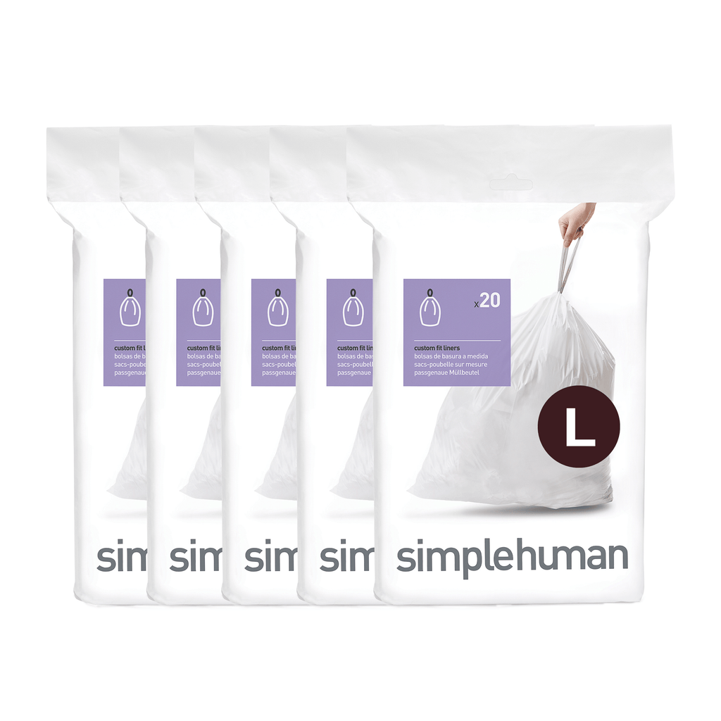 Simplehuman Code L Custom Fit Liners, white 4-pack with drawstring top for secure closure.