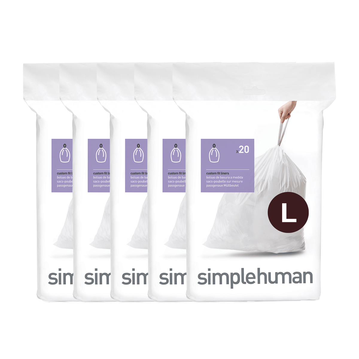 Simplehuman Code L Custom Fit Liners, white 4-pack with drawstring top for secure closure.