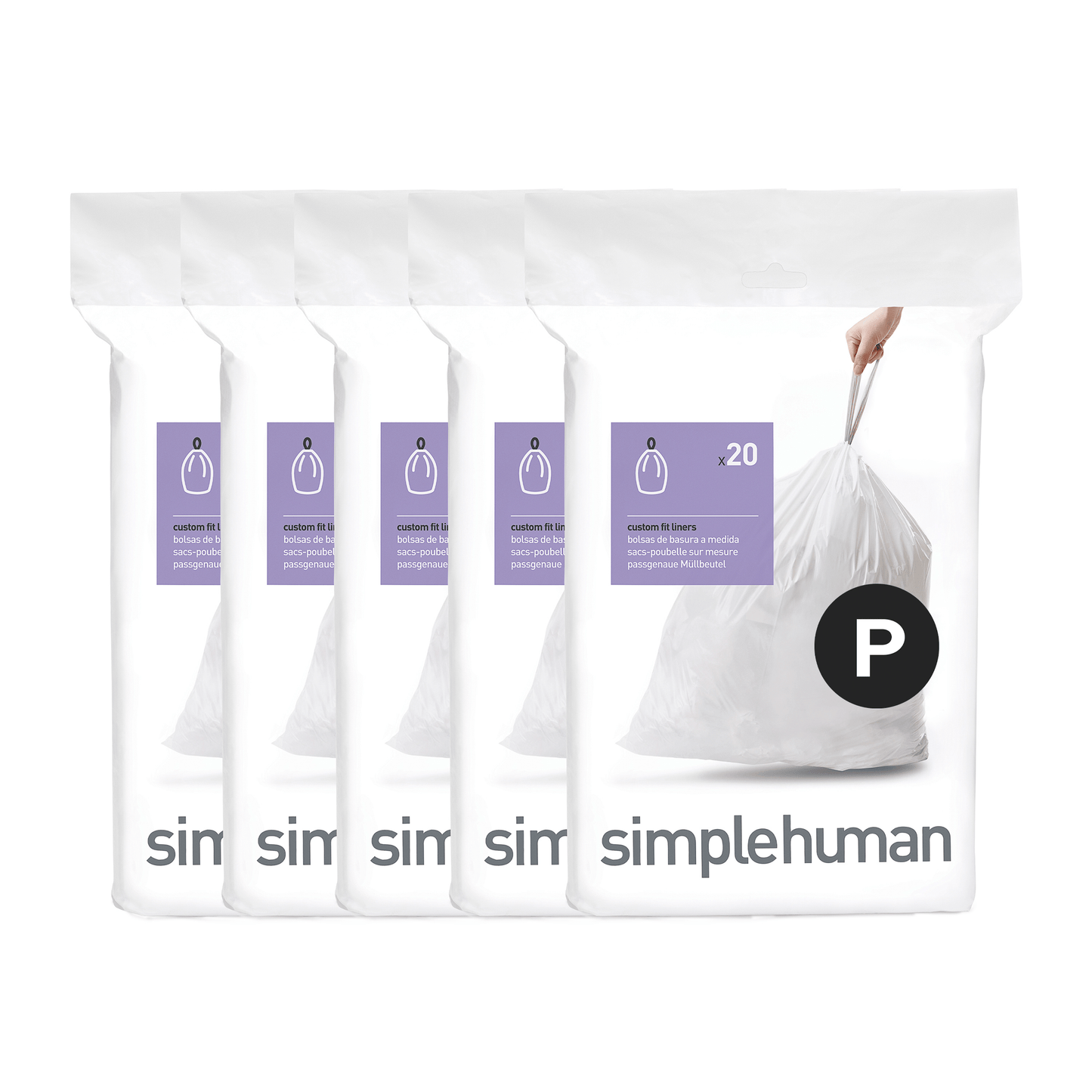 Simplehuman Code P Custom Fit Liners (White), four 20-pack rolls shown, perfect fit trash bags.