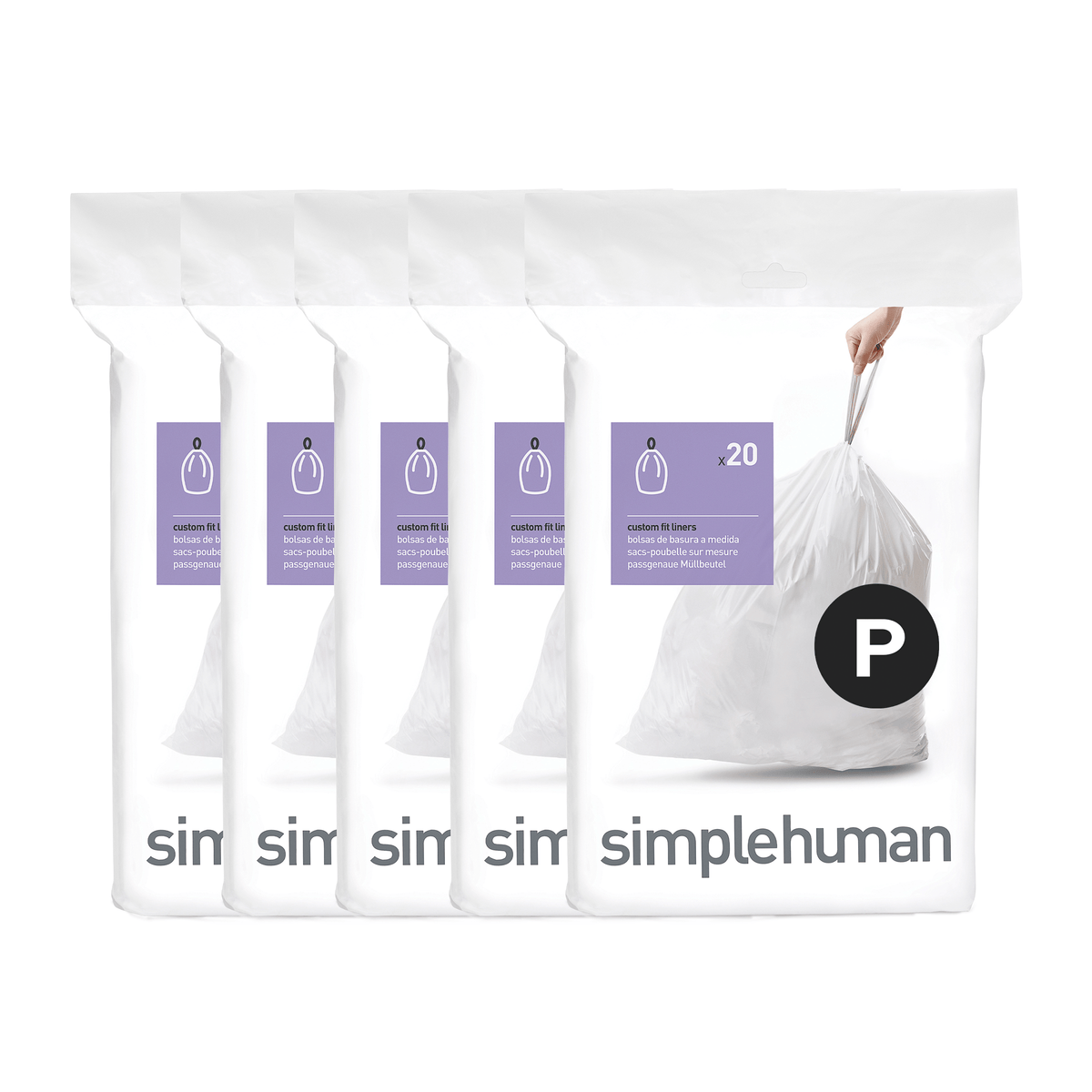 Simplehuman Code P Custom Fit Liners (White), four 20-pack rolls shown, perfect fit trash bags.
