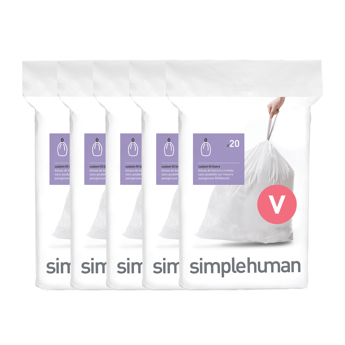 Simplehuman Code V Custom Fit Liners, 4 packs of white bags (20 count), custom fit and strong drawstring closure.