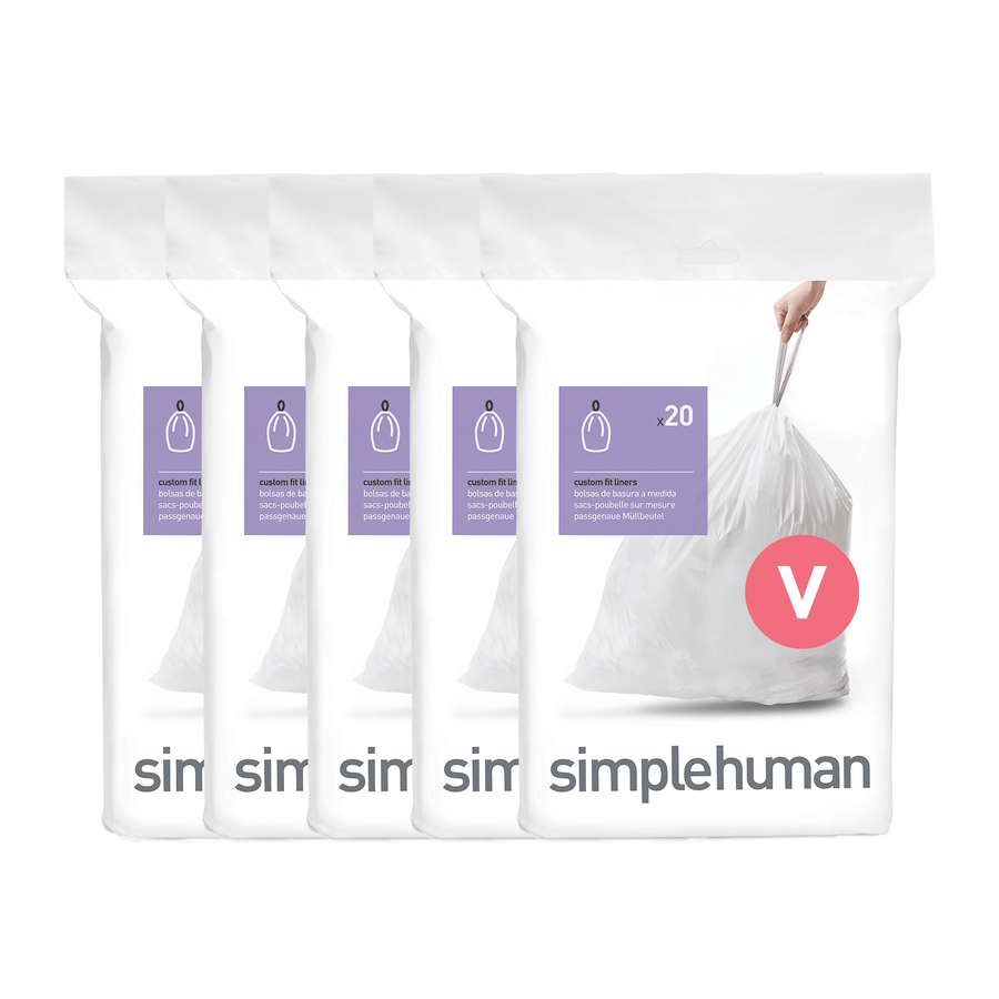Simplehuman Code V Custom Fit Liners, 4 packs of white bags (20 count), custom fit and strong drawstring closure.