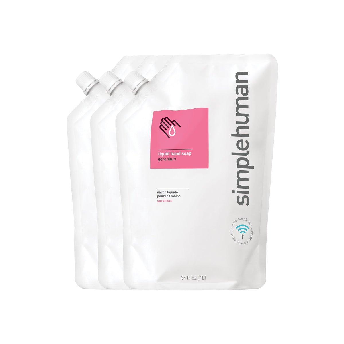 Simplehuman Geranium Liquid Hand Soap Refill Pouch 3-pack (3x 34 oz), sensor pump friendly bulk supply.