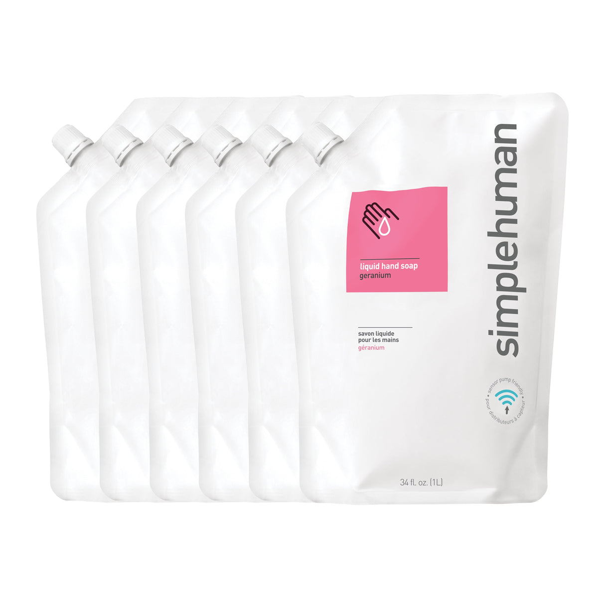 Simplehuman Geranium Liquid Hand Soap Refill Pouch 6-pack (34 oz each), sensor pump friendly bulk supply.