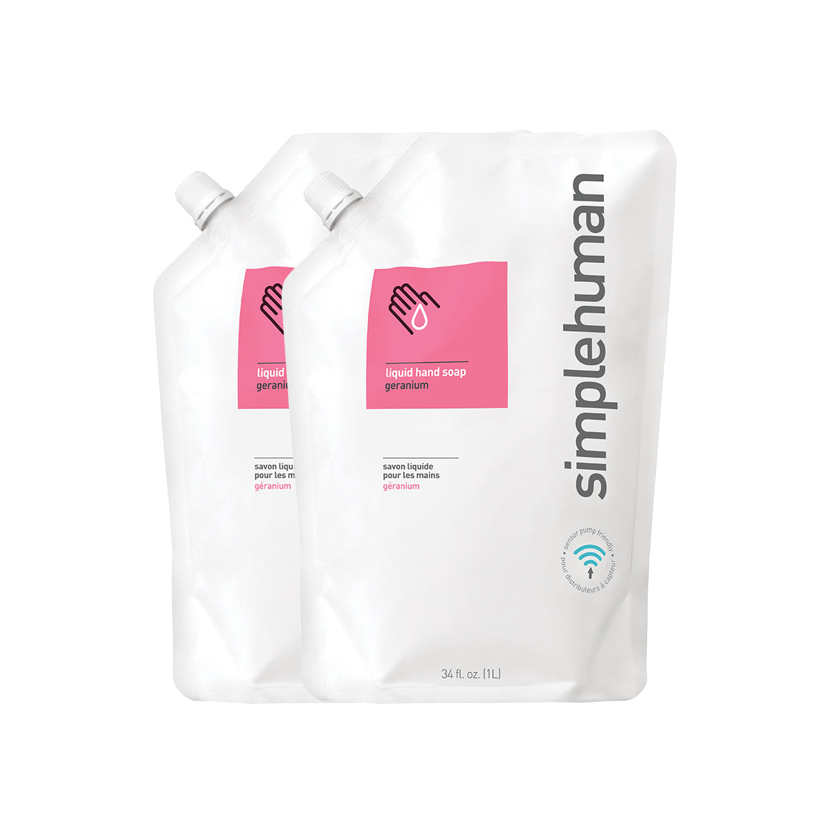 Simplehuman Geranium Liquid Hand Soap Refill Pouch twin pack (2x 34 oz), large capacity, sensor pump friendly.