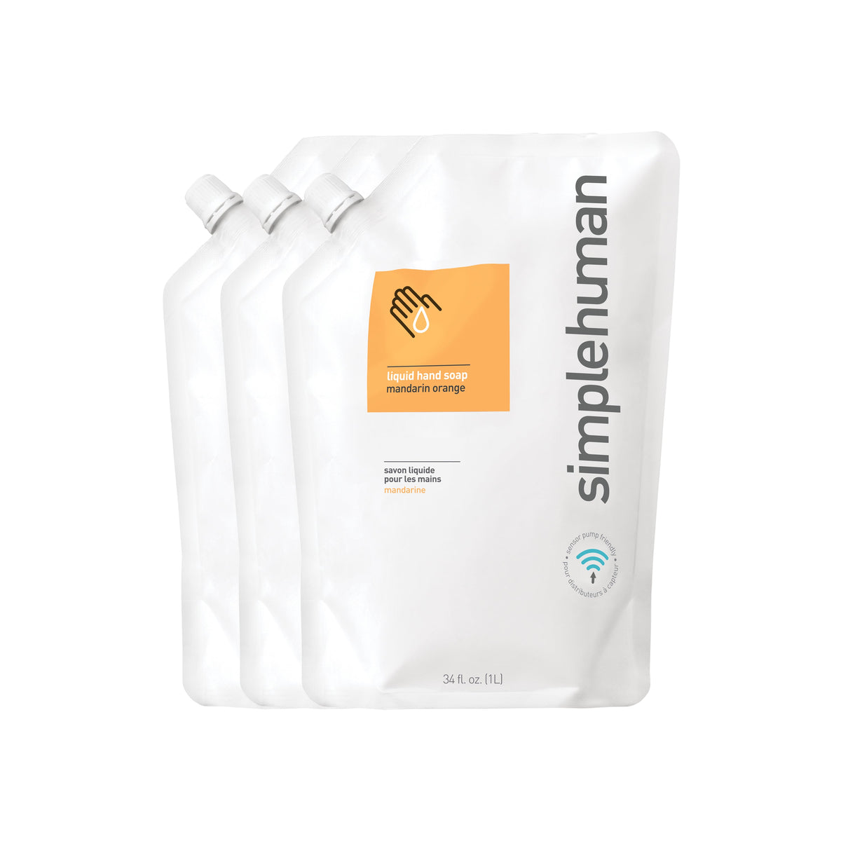 Simplehuman Mandarin Orange Liquid Hand Soap Refill Pouch 3-pack, 34 fl. oz. (1L) each, sensor pump friendly.