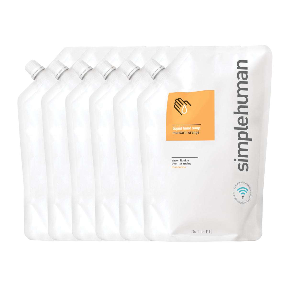 Stacked view of Simplehuman Mandarin Orange Liquid Hand Soap Refill Pouches, 34 fl. oz., sensor pump friendly.