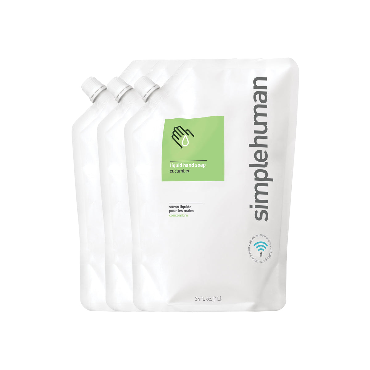 Simplehuman three 34 fl. oz. Cucumber Liquid Hand Soap Refill Pouches, sensor pump friendly design.
