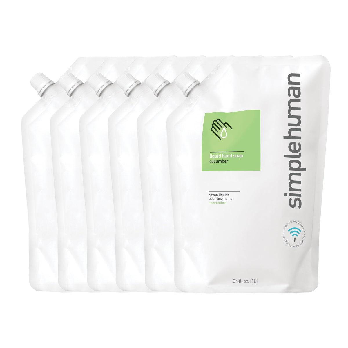 Simplehuman Six-Pack of 34 fl. oz. Cucumber Liquid Hand Soap Refill Pouches, sensor pump friendly.