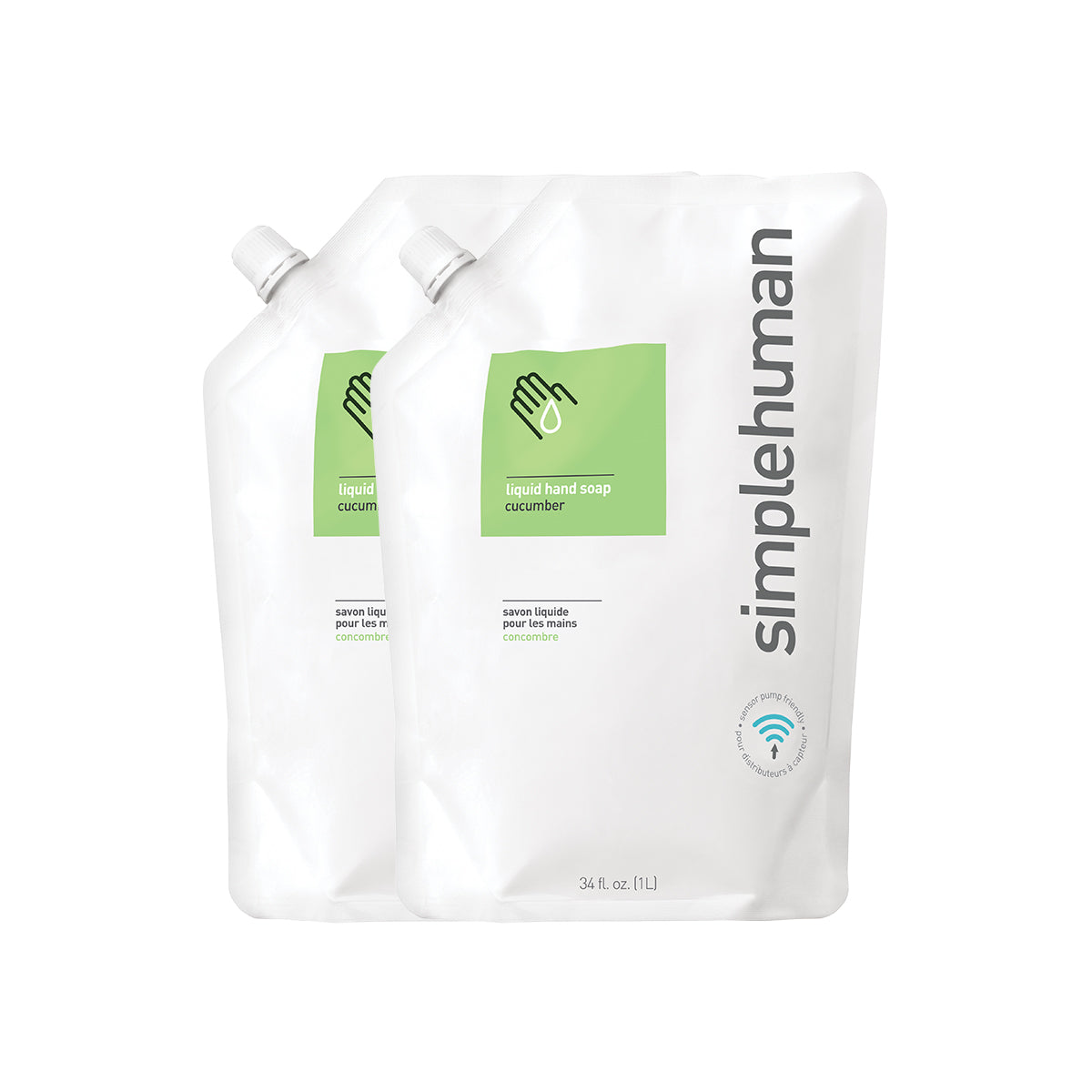 Front view of Simplehuman Cucumber Liquid Hand Soap Refill, 34 fl. oz. twin pack, sensor pump friendly.