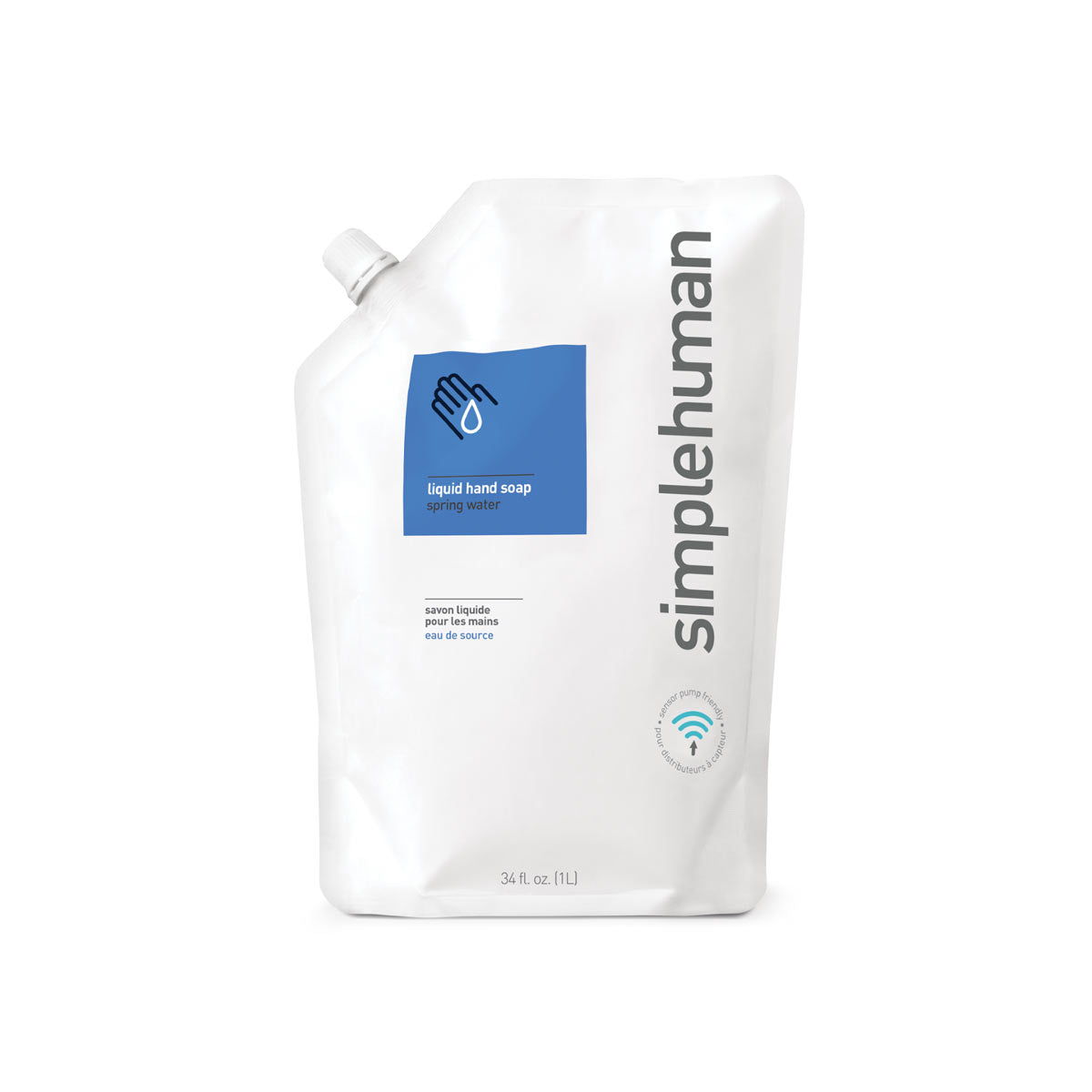 Front view of Simplehuman Spring Water Liquid Hand Soap Refill Pouch, 34 fl. oz., sensor pump friendly.
