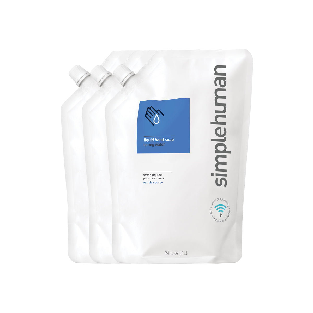 Simplehuman Spring Water Liquid Hand Soap Refill Pouch 3-pack, 34 fl oz, sensor pump friendly.