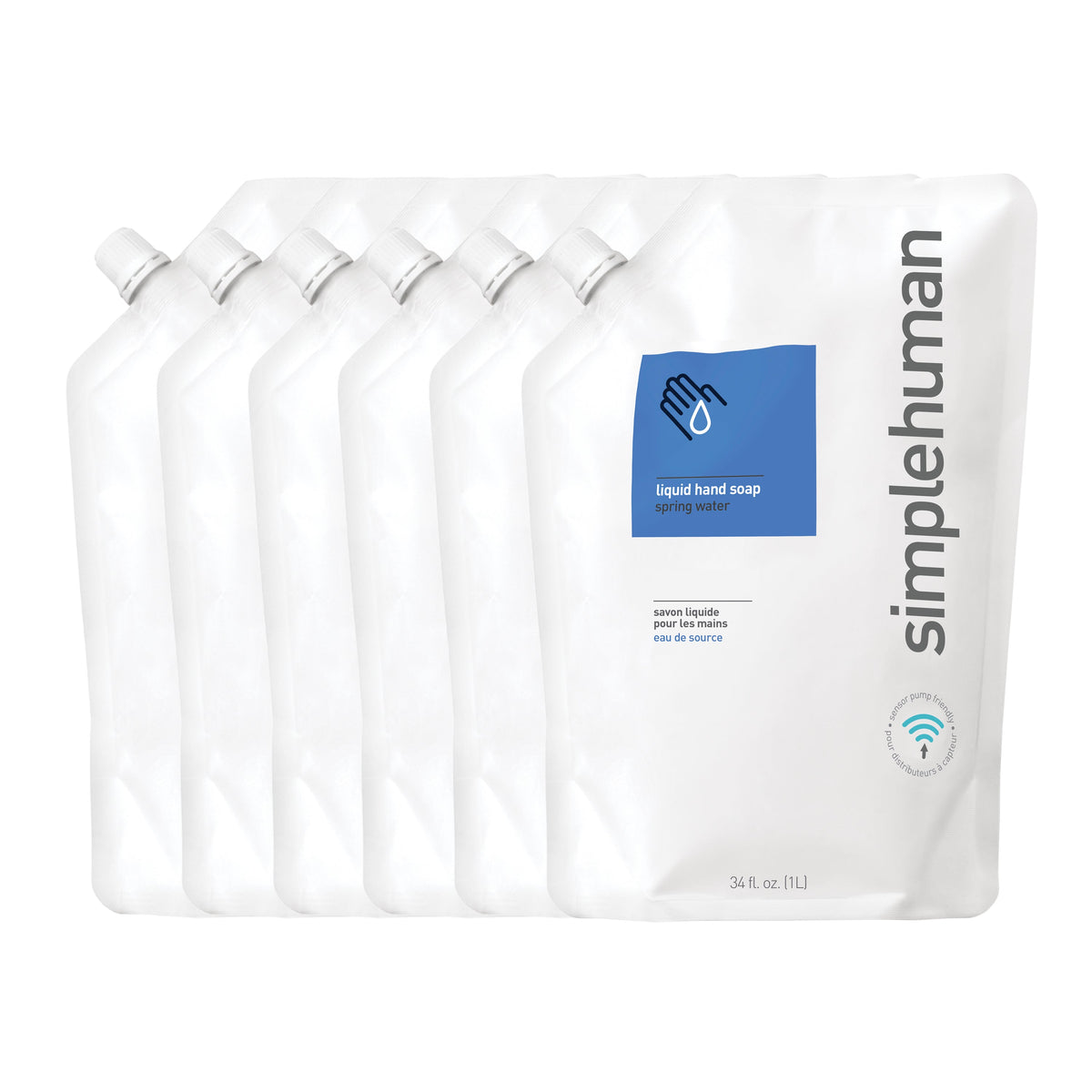Front view of Simplehuman Spring Water Liquid Hand Soap Refill Pouch 6-pack, 34 fl oz, sensor pump compatible.