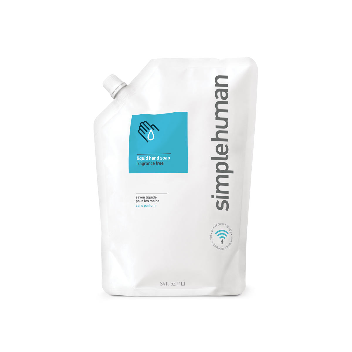 Front view of Simplehuman Fragrance Free Liquid Hand Soap refill pouch, 34 oz (1L), sensor pump friendly.