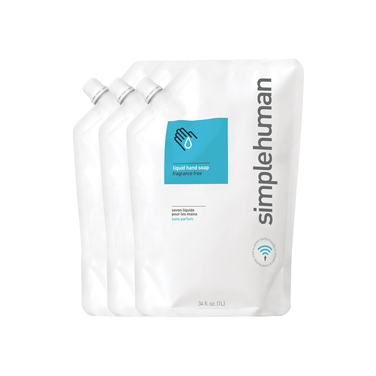 Simplehuman 3-pack Fragrance Free Liquid Hand Soap refill pouches, 34 oz (1L), sensor pump friendly.