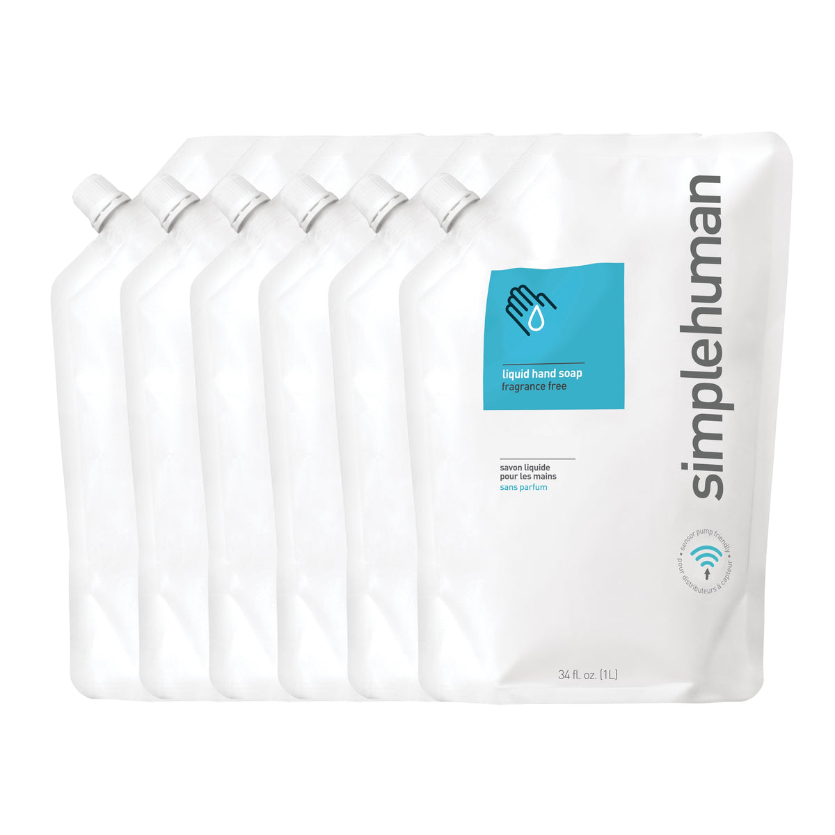 Simplehuman Fragrance Free Liquid Hand Soap 6-pack refill pouches, 34 oz (1L), sensor pump friendly.