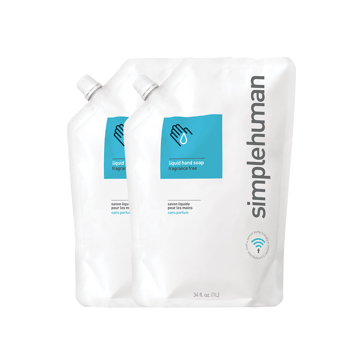 Simplehuman Fragrance Free Liquid Hand Soap Refill Pouches, 34 oz (1L) capacity, easy-pour, sensor pump friendly.