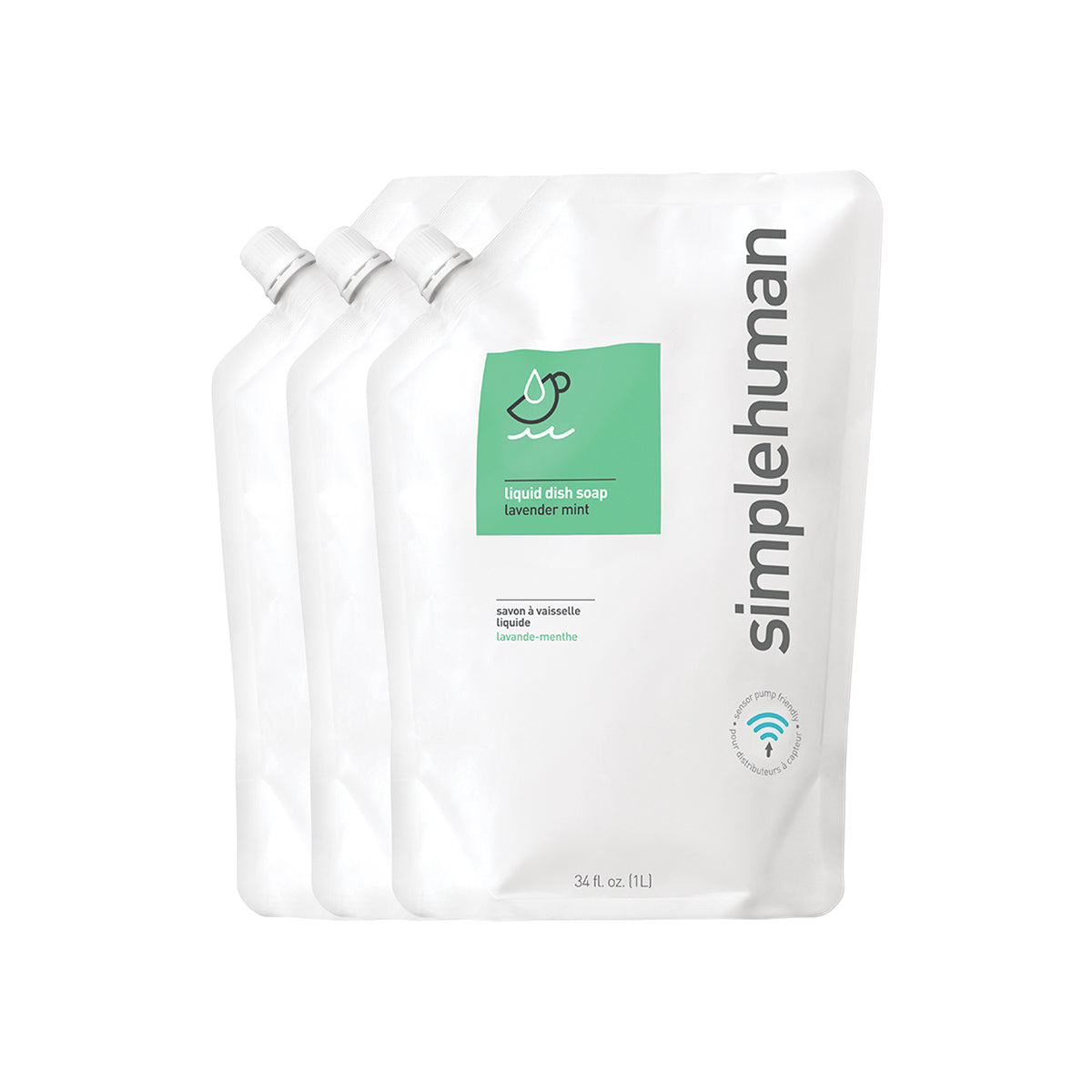 Angled view of three Simplehuman 34 oz. Lavender Mint Liquid Dish Soap refill pouches, sensor pump friendly.