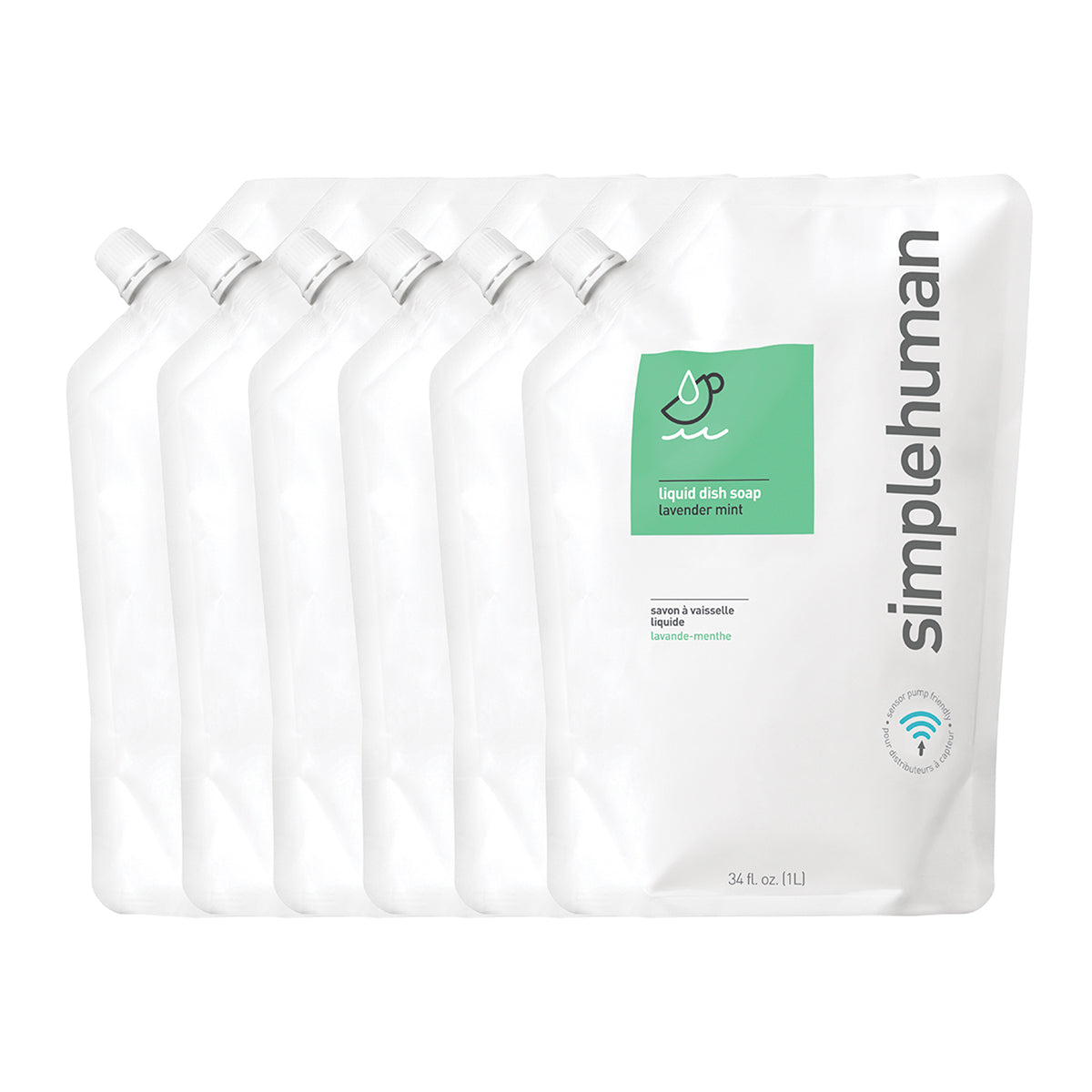 Simplehuman Lavender Mint Liquid Dish Soap 6-pack of 34 oz. refill pouches, sensor pump friendly.