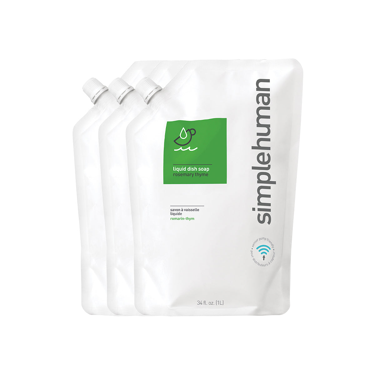 Stacked view of three Simplehuman Rosemary Thyme Liquid Dish Soap Refill Pouches, 34 oz, sensor pump friendly.