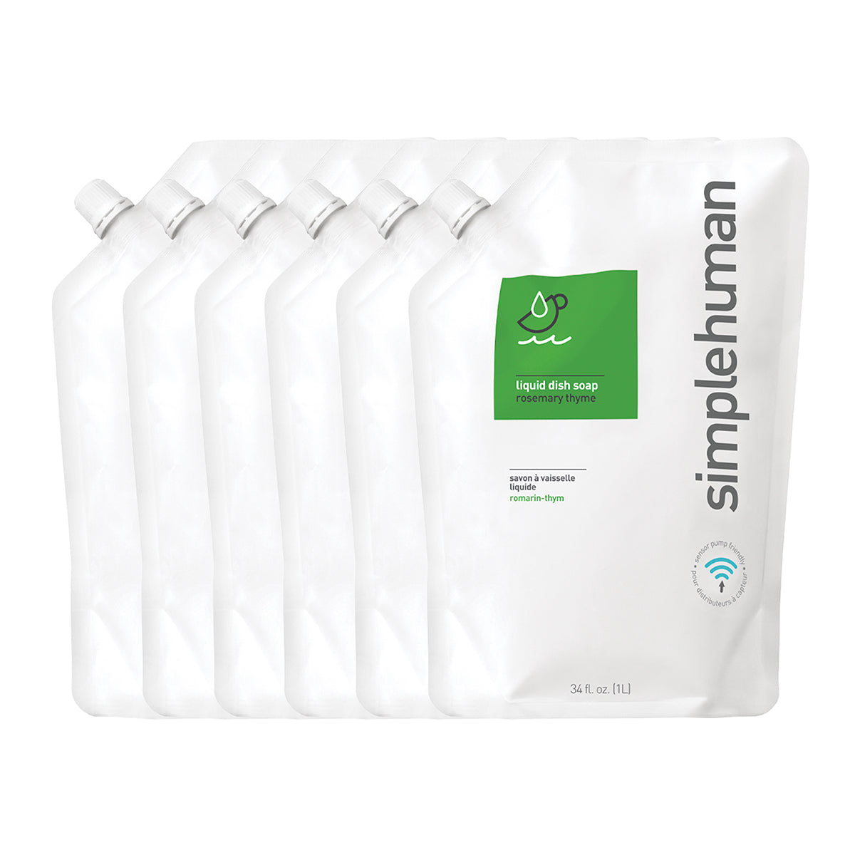 Angled view of Simplehuman Rosemary Thyme Liquid Dish Soap Refill Pouch bundle (6x34 oz), sensor pump friendly.