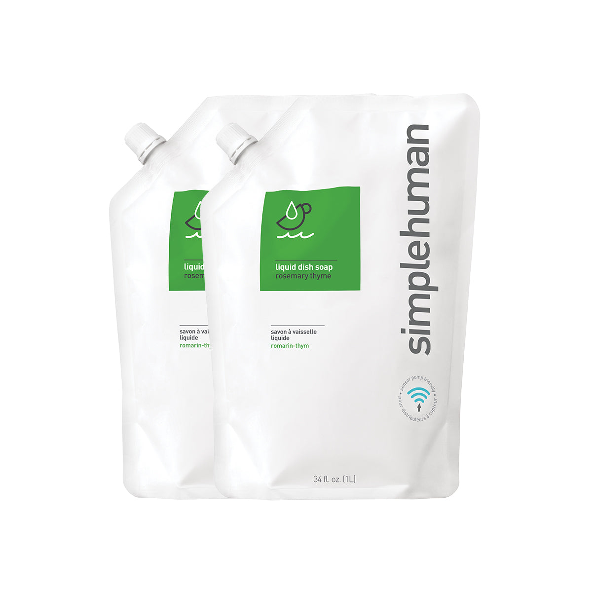 Front view of two Simplehuman Rosemary Thyme Liquid Dish Soap Refill Pouches, 34 oz. Sensor pump friendly.