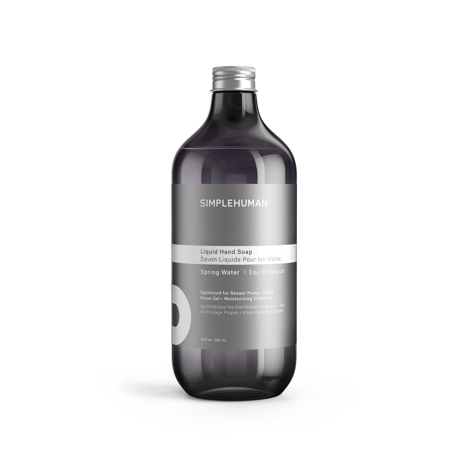 Simplehuman's Spring Water Liquid Hand Soap in a charcoal colored bottle and titanium cap.