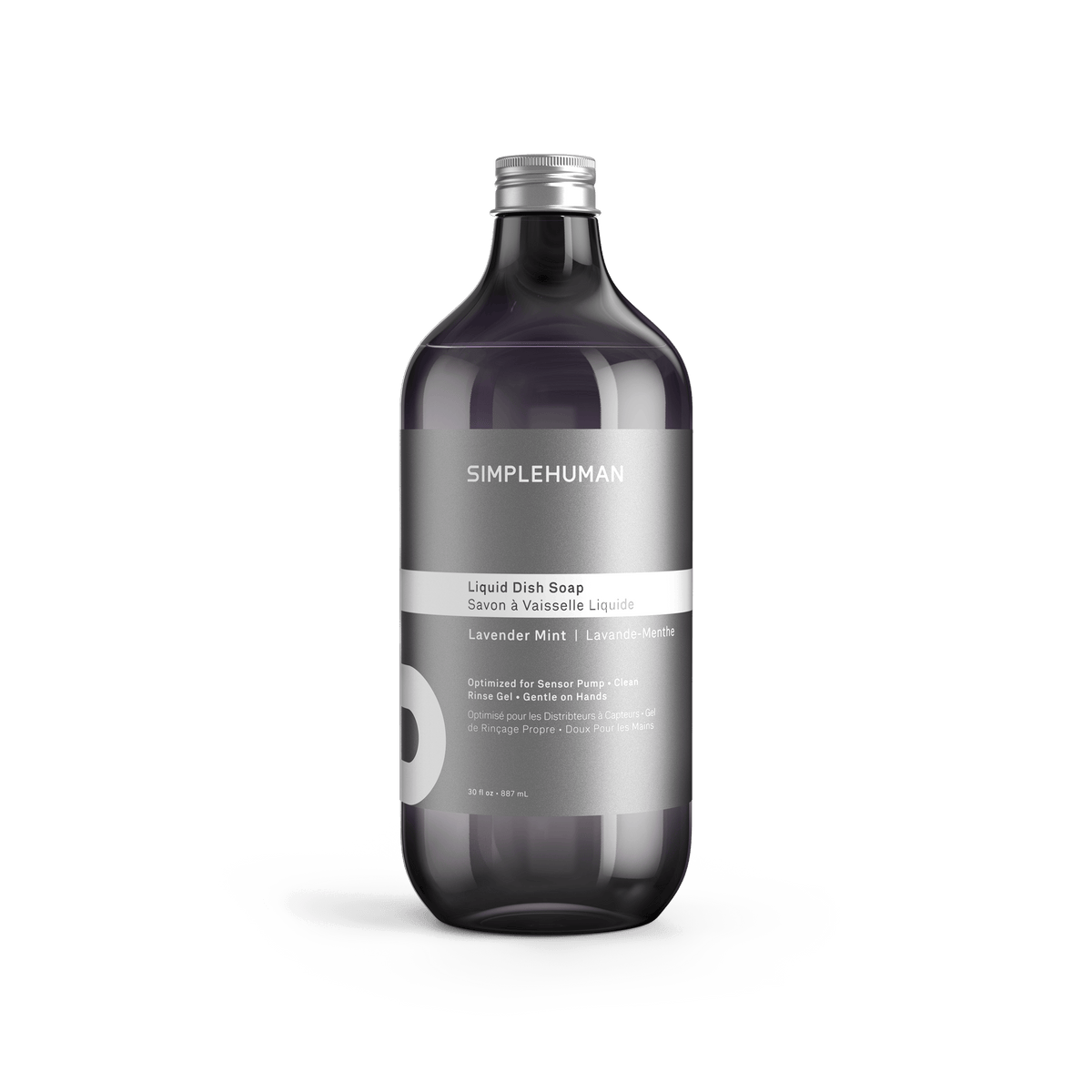 Simplehuman's Lavender Mint Liquid Dish Soap in a charcoal colored bottle and titanium cap.