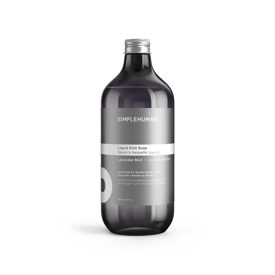 Simplehuman's Lavender Mint Liquid Dish Soap in a charcoal colored bottle and titanium cap.