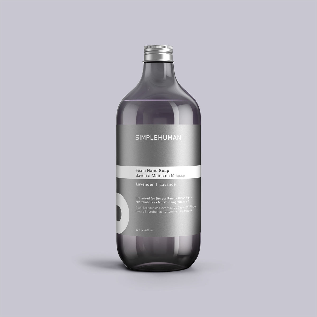 Simplehuman's Lavender Foam Hand Soap Refill Bottle on a colored background.