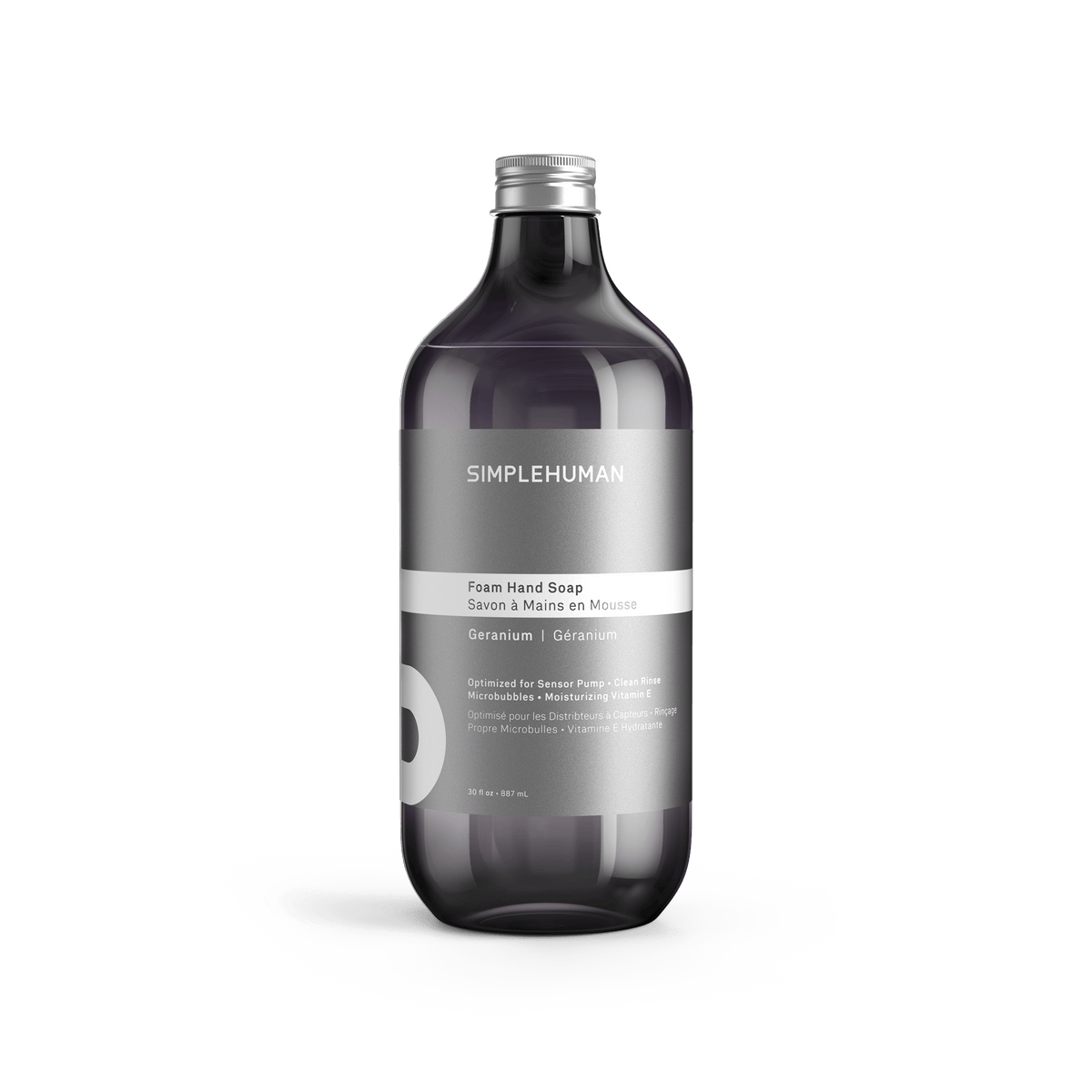 Simplehuman's Geranium Foaming Hand Soap in a charcoal colored bottle and titanium cap.