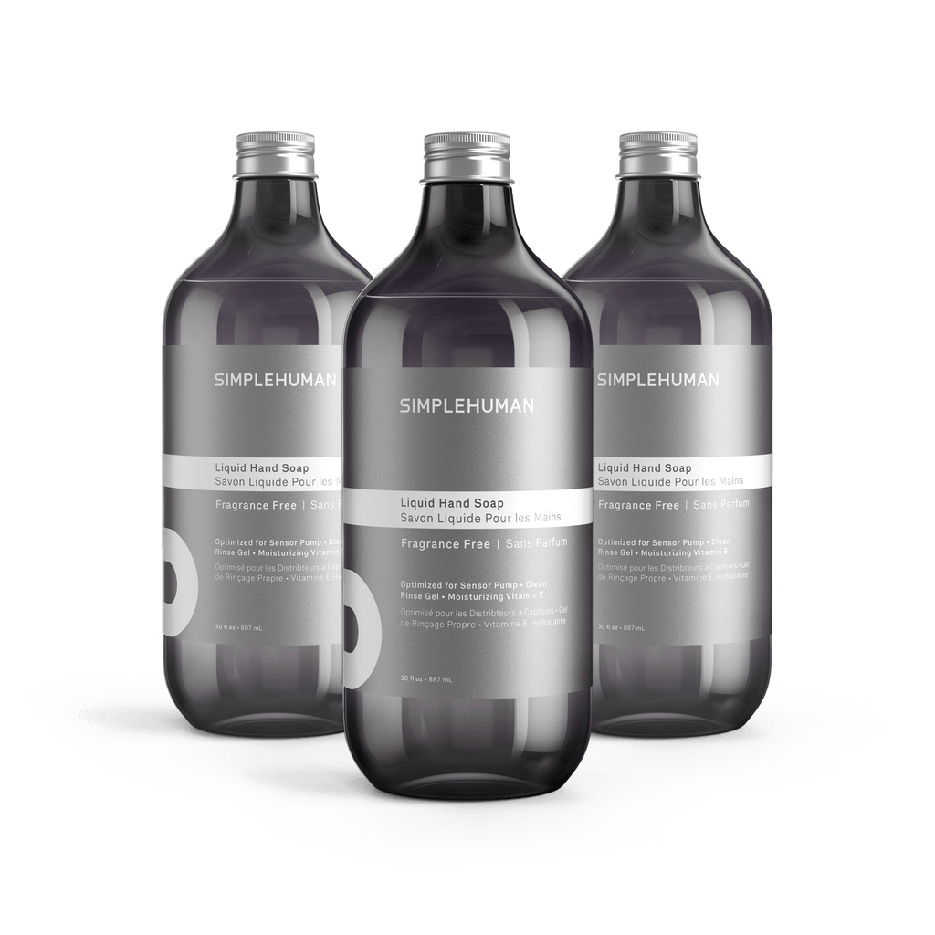 Simplehuman's Fragrance Free Liquid Hand Soap in 3  charcoal colored bottles with titanium caps.